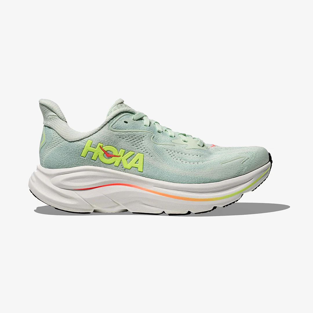 Hoka Women's Clifton 10 "Sea Glass/Neon Flame" Wide