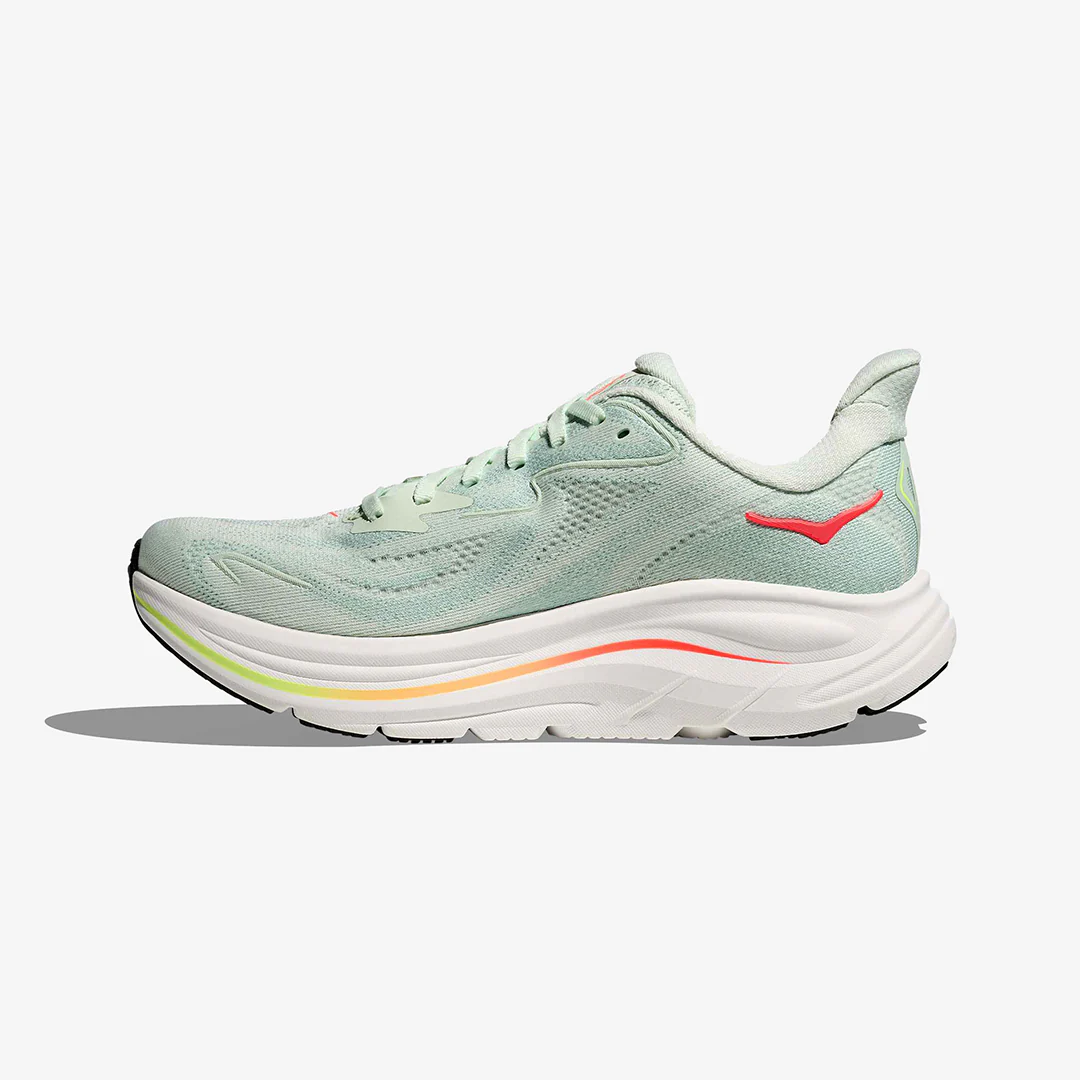 Hoka Women's Clifton 10 "Sea Glass/Neon Flame" Wide - Image 2
